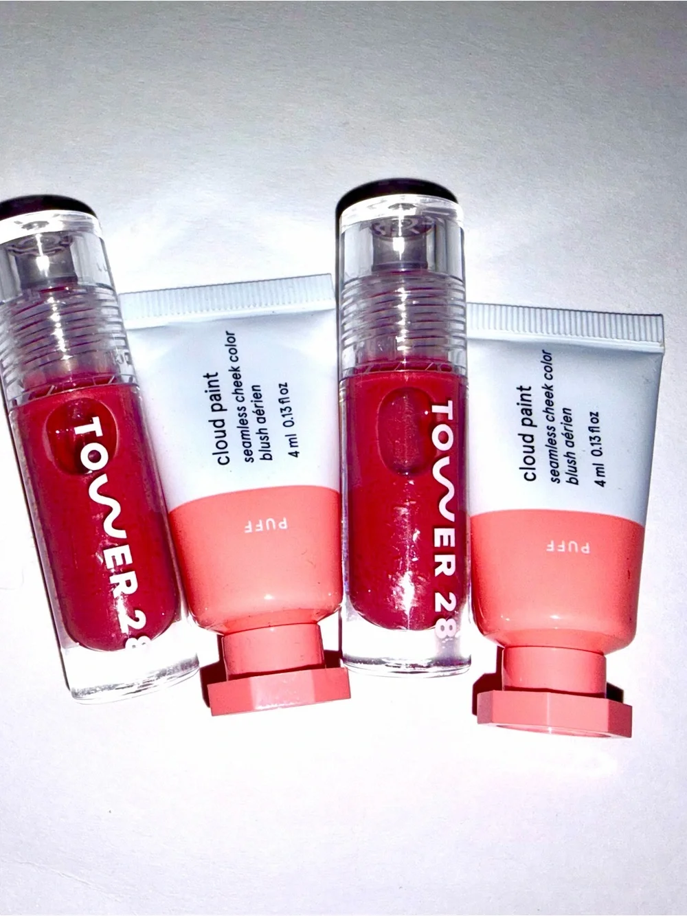 4 pc Glossier & Tower 28 bundle: 2 x Tower 28 Lip Gloss & 2 GLOSSIER Cloud Paint